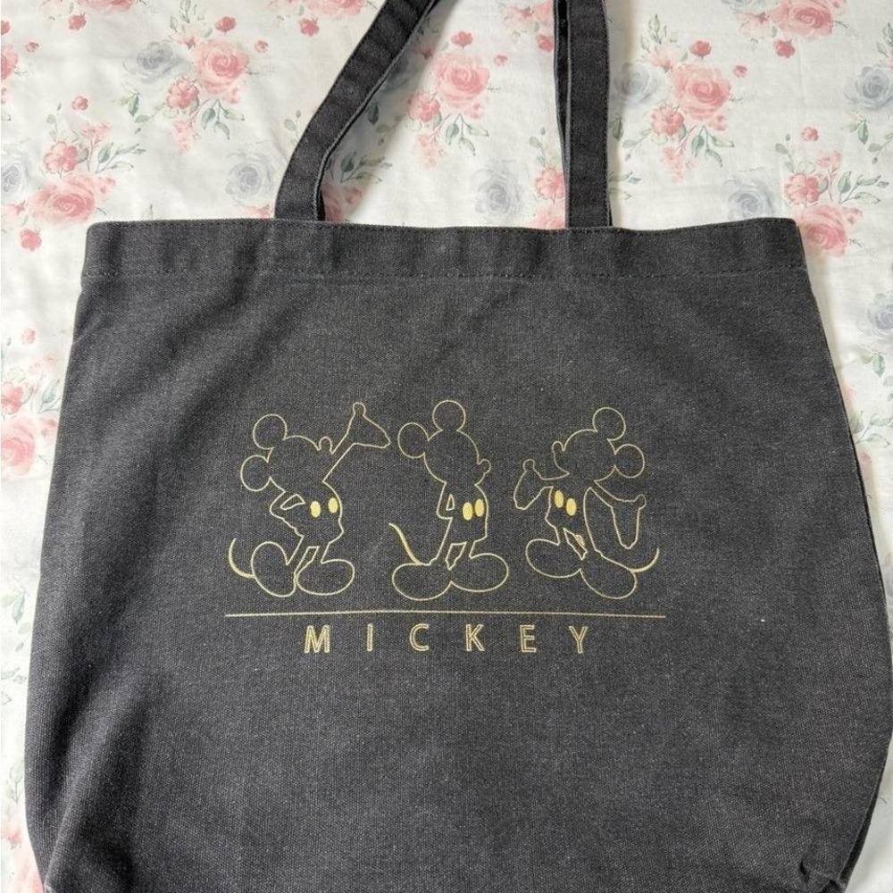 Disney Mickey Mouse Black Canvas‎ Tote Bag Gold Graphic Large